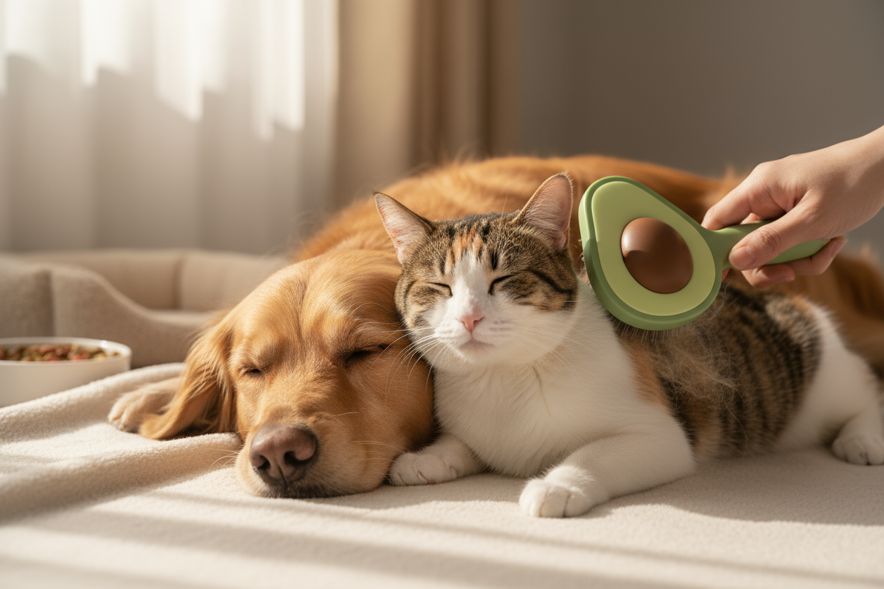 A cat and dog getting combed with an avocado shaped brush almost falling asleep